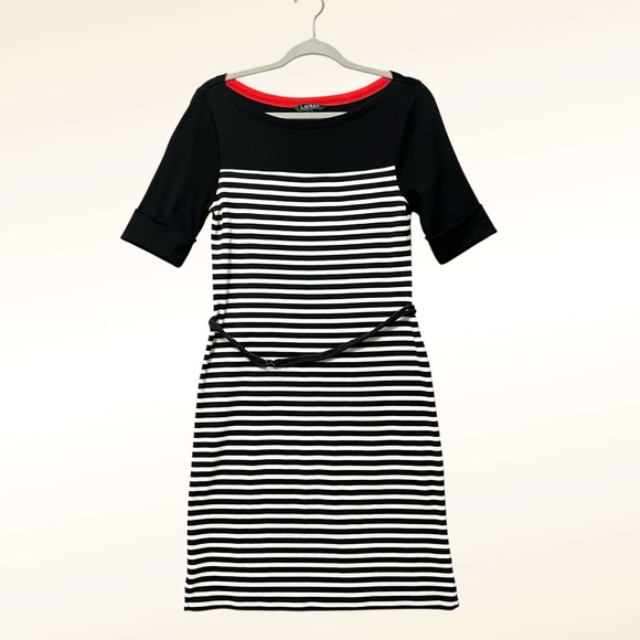Lauren Ralph Lauren Striped Belted Midi Dress Size Medium Black White Preppy - Picture 1 of 12